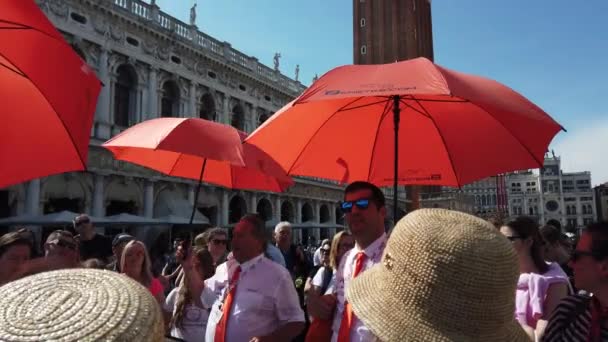 Venice Lines Túrakalauzok Narancssárga Ernyők Alatt Tájékoztatva Egy Turistacsoportot Velencei — Stock videók