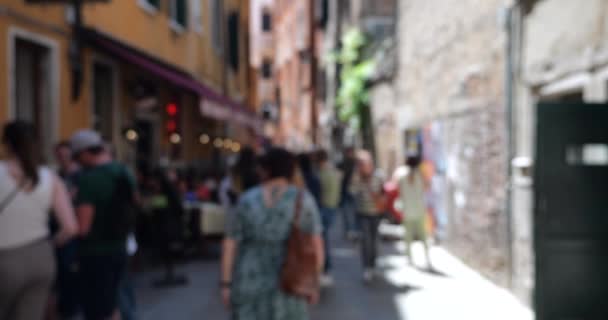 明確な春の日にイタリアのヴェネツィアの古代の通りの一つで観光客 集中できない — ストック動画