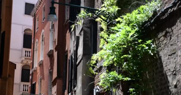 Enge Straße Venedig Italien Häuserwände Straßenlaternen Geländerte Fenster Und Eine — Stockvideo