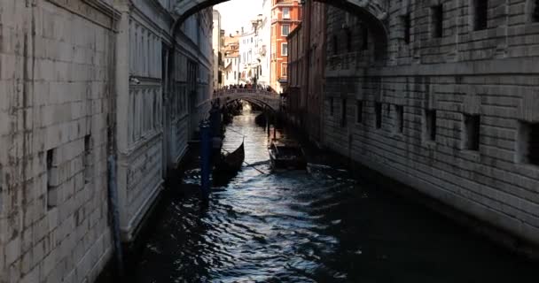 从Ponte Della Paglia 斯特劳桥 到皇宫运河 叹气桥和与游客一起在意大利威尼斯漂流的贡多拉的景色 — 图库视频影像