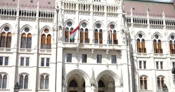 Edifício Parlamento Húngaro Estilo Neo Gótico Bandeiras Húngaras Agitando Vento — Vídeo de Stock