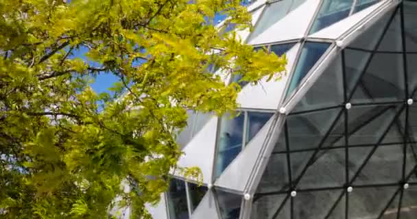 匈牙利布达佩斯 一个由金属结构 玻璃和相思树构成的现代化建筑 在晴朗的春风吹拂下 明亮的蓝天上点缀着云彩 — 图库视频影像