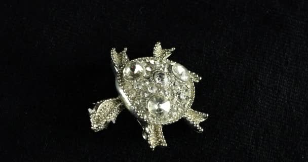 在旋转天鹅绒陈列箱上 用莱茵石和金属颗粒制成的银色调金属制成的小型老式乌龟饰针 — 图库视频影像