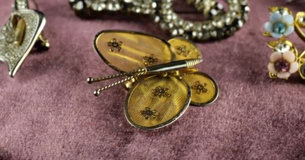 Spinning Fluwelen Vitrine Met Vintage Sieraden Broches Ringen Kostuum Sieraden — Stockvideo