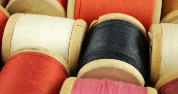 Vintage Wooden Spools Cotton Threads Different Colors — Stock Video