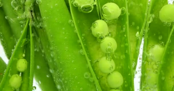 Φρούτα Από Πράσινα Μπιζέλια Κάτω Από Νερό Φυσαλίδες Αέρα Pisum — Αρχείο Βίντεο