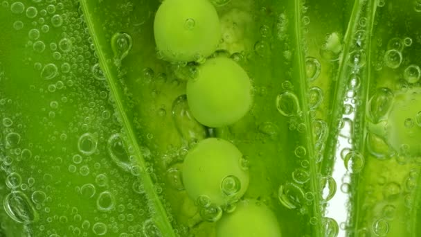 Φρούτα Από Πράσινα Μπιζέλια Κάτω Από Νερό Φυσαλίδες Αέρα Pisum — Αρχείο Βίντεο