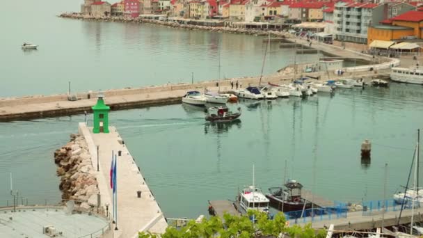 Velero Entra Puerto Piran Una Mañana Clara Vista Superior Panorámica — Vídeos de Stock
