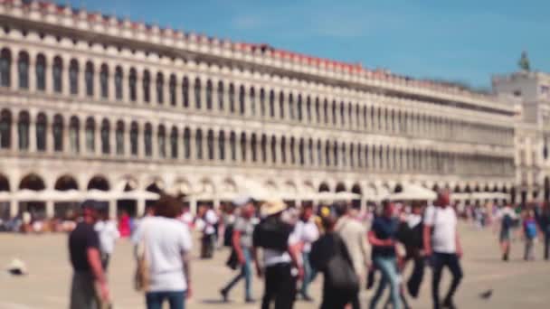 サンマルコ広場 Mark Square からProcuratie Vecchieまでの眺めとイタリアのヴェネツィアで晴れた日に観光客を歩きます 集中できない — ストック動画