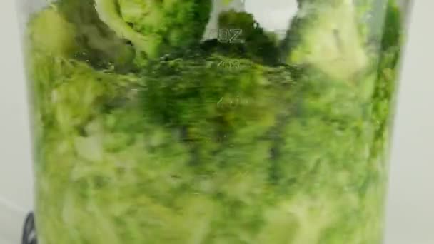 Flores Brócoli Verde Cortan Tazón Licuadora Movimiento Lento — Vídeos de Stock