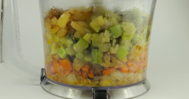 Geschmortes Gemüse Möhren Zwiebeln Paprika Und Zucchini Wird Einer Mixer — Stockvideo