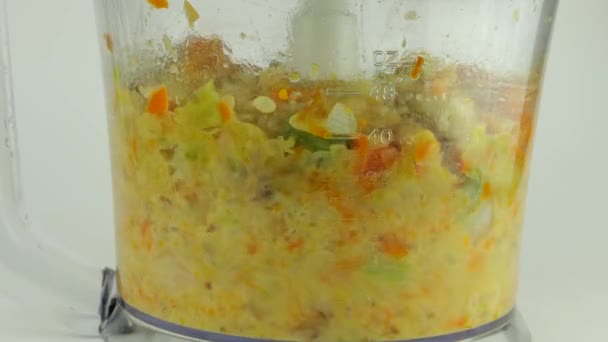 胡萝卜 辣椒和胡椒粉 用搅拌机碗切碎 准备蔬菜小吃 — 图库视频影像