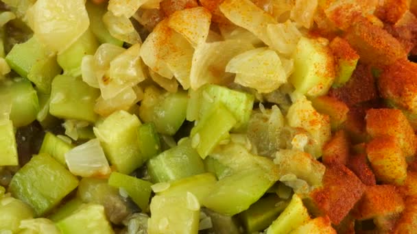 Geschmortes Gemüse Möhren Zwiebeln Paprika Und Zucchini Wird Einer Glasschüssel — Stockvideo
