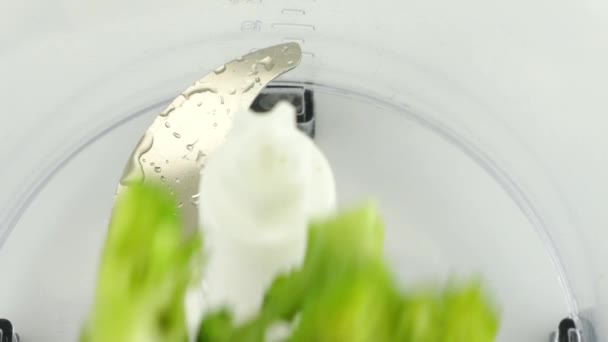 Floretas Brócolis Verdes Brilhantes São Derramadas Uma Tigela Liquidificador Movimento — Vídeo de Stock