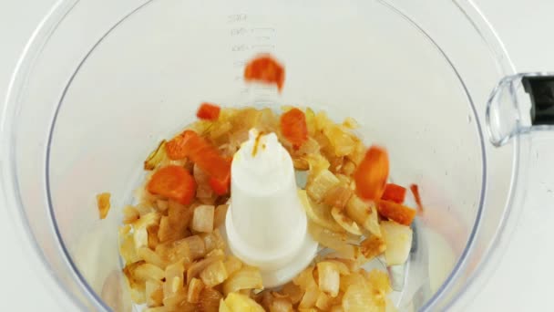 将几片轻度油炸的胡萝卜倒进搅拌器碗里 放在烤过的洋葱上 慢动作 — 图库视频影像