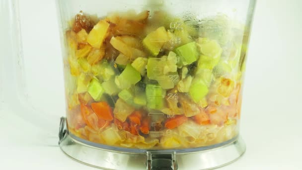 Warzywa Duszone Marchew Cebula Papryka Cukinia Sieka Się Misce Mikserskiej — Wideo stockowe