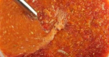 Soğuk İspanyol gazpacho çorbası yapma süreci. Çiğ sebzeleri karıştırıcı ile karıştırın..