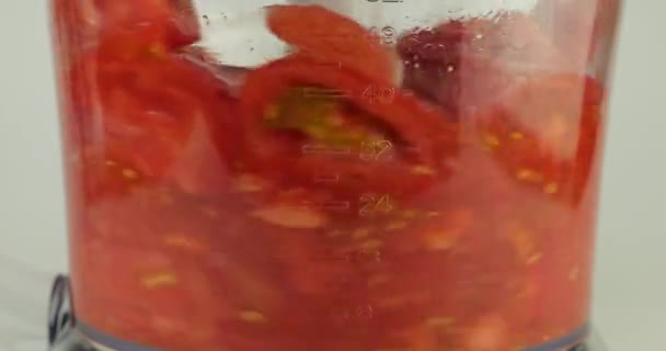 Szlifowanie Świeżych Czerwonych Dojrzałych Pomidorów Pokrojonych Plasterki Misce Miksera Zwolniony — Wideo stockowe