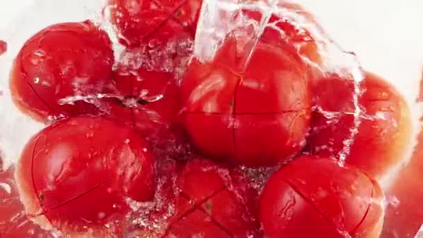 Διαδικασία Της Λεύκανσης Φρέσκων Ώριμων Κόκκινων Τοματών Ντομάτες Ζεματίζονται Βραστό — Αρχείο Βίντεο