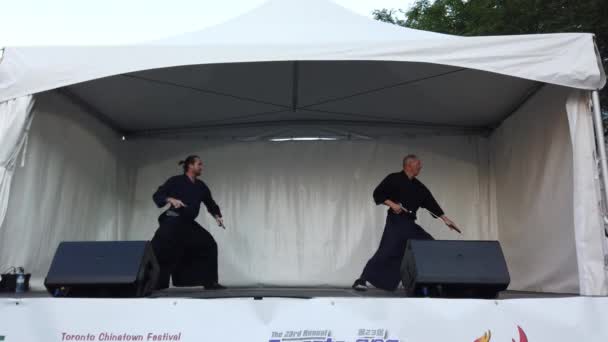 加拿大多伦多 2023年8月19日 在加拿大安大略省多伦多唐人街艺术节上 从业人员用剑表演太极拳 — 图库视频影像