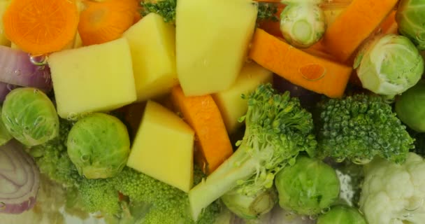 Zeleninová Směs Pro Přípravu Polévky Vroucí Vodě Vzduchovými Bublinami — Stock video