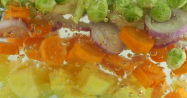 Kaynar suda hava kabarcıklarıyla çorba yapmak için sebze karışımı..