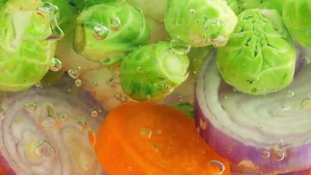 Gemüsemischung Zur Zubereitung Von Suppe Kochendem Wasser Mit Luftblasen — Stockvideo