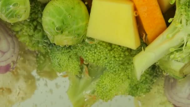Vegetabilisk Blandning För Att Göra Soppa Kokande Vatten Med Luftbubblor — Stockvideo
