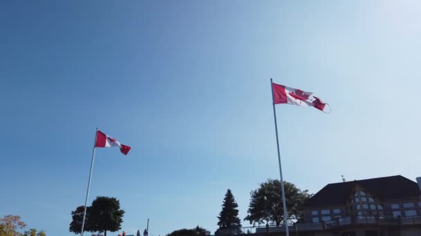Kanadensiska Flaggor Fladdrar Lätt Vind Mot Bakgrund Privata Hus Och — Stockvideo