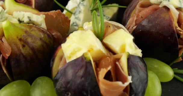 Snacks Set Form Stuffed Figs Jamon Blue Cheeses Black Stone — Stock Video