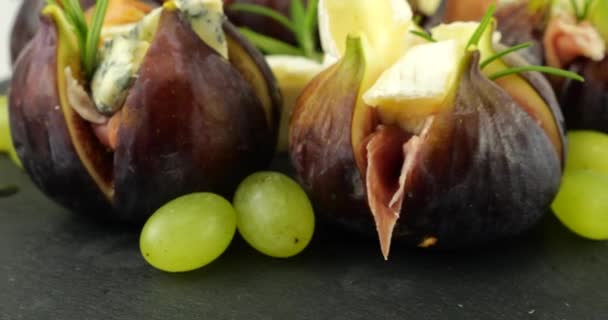 Snacks Set Form Stuffed Figs Jamon Blue Cheeses Black Stone — Stock Video