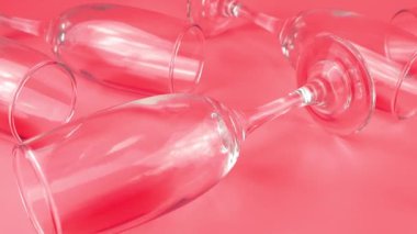 Şarap mantarları pembe arka planda kırmızı şarapla bardaklara düşer. Yavaş çekim.