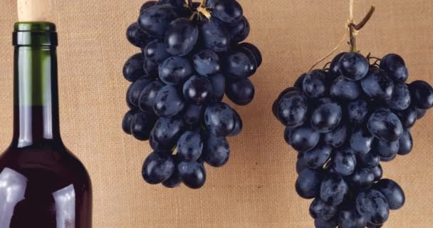 Grapes Bottle Wine Burlap Background — Stock Video