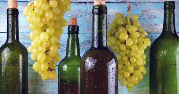 ブルーヴィンテージの木の背景にブドウとワインボトル — ストック動画