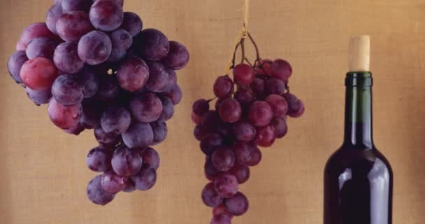 バーラップの背景にピンクのブドウとワインのボトル — ストック動画