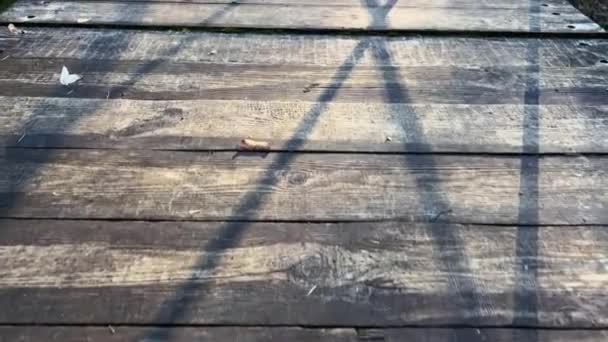 Licht Und Schatten Auf Der Holzplankenoberfläche Einer Alten Brücke — Stockvideo