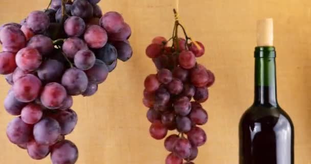 Anggur Dan Botol Anggur Pada Latar Belakang Goni — Stok Video