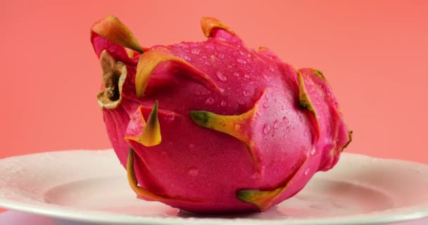Drake Frukt Pitahaya Droppar Vatten Platta Isolerad Rosa Bakgrund — Stockvideo