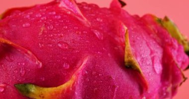 Pembe arka planda izole edilmiş, su damlalarında ejderha meyvesi pitahaya..