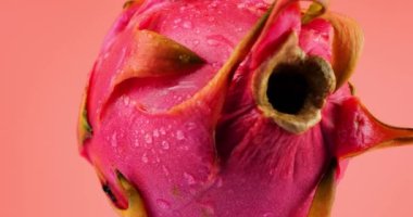 Pembe arka planda izole edilmiş, su damlalarında ejderha meyvesi pitahaya..