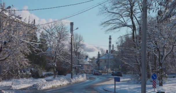Yolun Şehrin Üzerindeki Bacalardan Beyaz Duman Çıkıyor Ağaçlarda Kar Var — Stok video