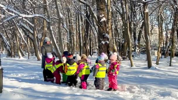 Lviv Ucrânia Dezembro 2023 Grupo Crianças Pequenas Acompanhadas Por Professores — Vídeo de Stock