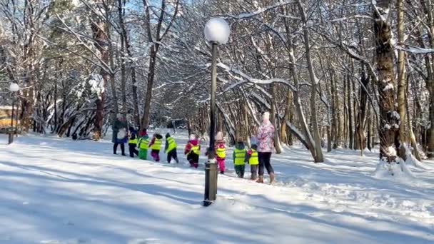 英国Lviv 2023年12月3日 一个阳光灿烂的冬日 一群小孩在老师的陪伴下在公园散步 — 图库视频影像