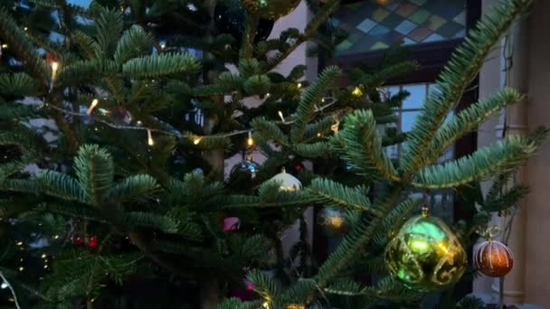 Гарландовые Лампы Еловых Ветвях Рождественские Украшения — стоковое видео