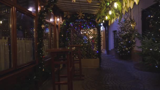Lampy Girlandowe Gałęziach Świerku Świąteczne Dekoracje Zewnętrzne Wnętrze Restauracji — Wideo stockowe