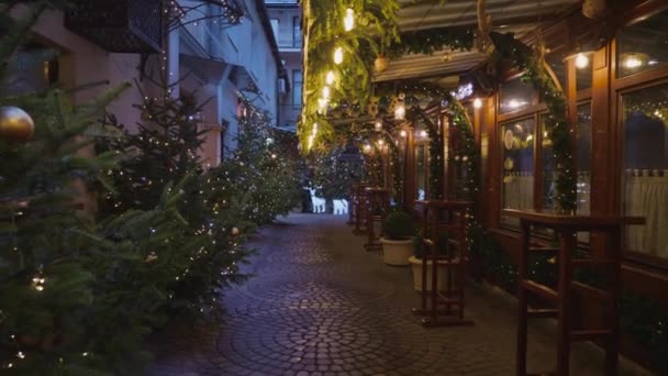 Garlandovy Lampy Smrkových Větvích Vánoční Ozdoba Exteriér Restaurace — Stock video