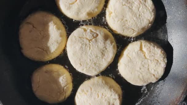 コテージチーズから作られたシロッコやパンケーキは オイルのフライパンで揚げられます — ストック動画