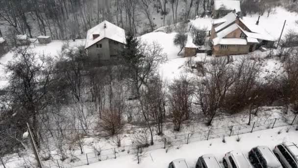 Blizzard Tegen Achtergrond Van Bos Huizen Schieten Winter — Stockvideo