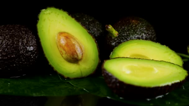 Avokado Meyvelerinin Üzerine Siyah Arka Planda Yapraklarla Damlaları Düşer Çiğ — Stok video