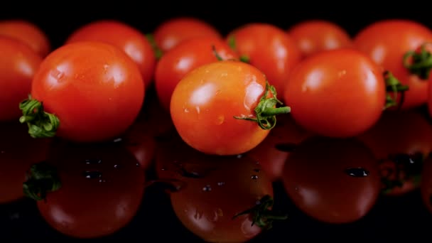 Drops Water Fall Cherry Tomato Black Background — Stock Video